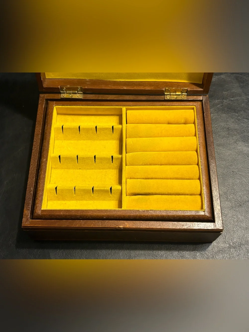 Vintage Wooden Jewelry Box Tapestry Pastoral Ladies Mirror Yellow Velvet Inter.